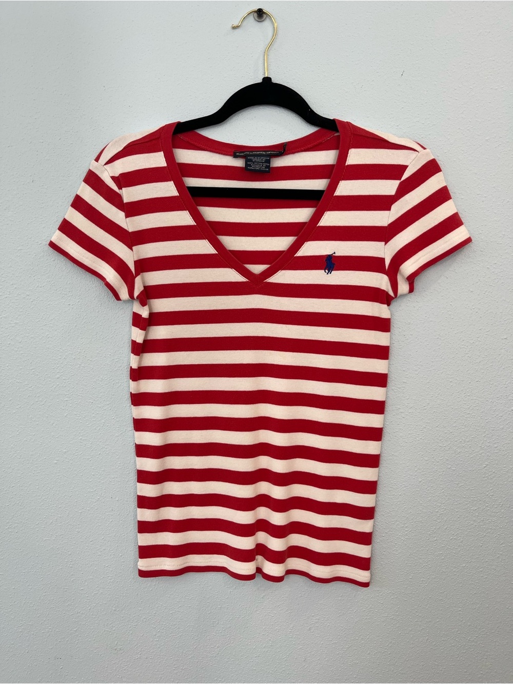Ralph Lauren Red and White Striped V-Neck Tee with Blue Pony